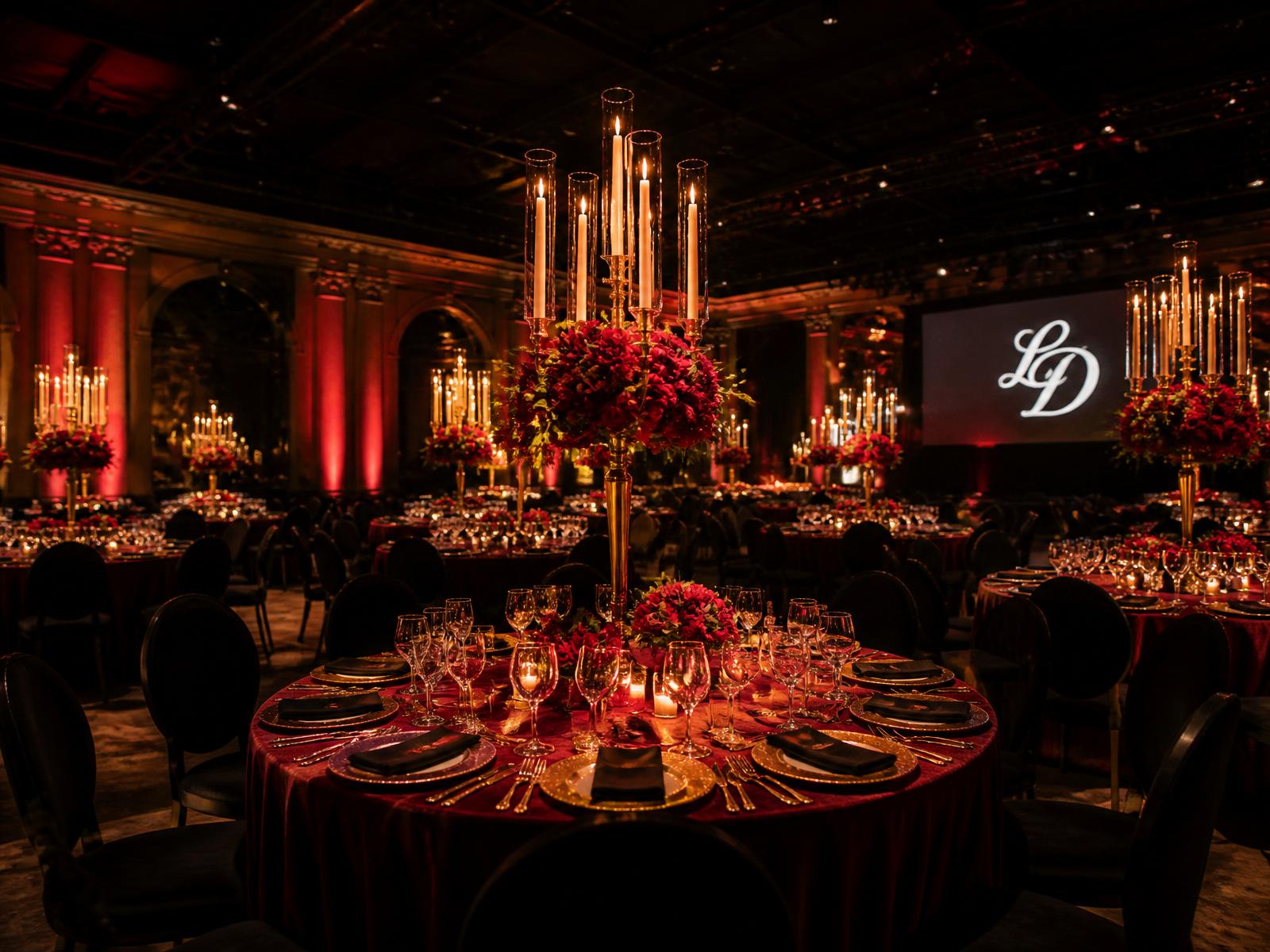 Candlelit event hall dressed in deep red and gold