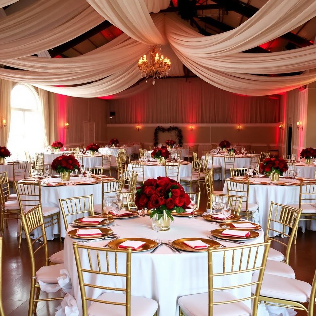 Open event hall set for a wedding reception with gold chairs and red rose centerpieces
